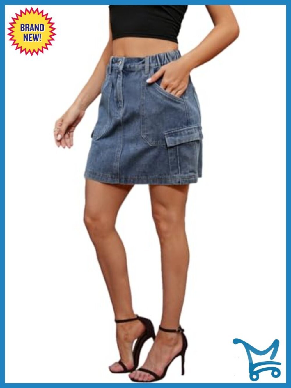 High Waist Stretch Denim A-Line Mini Skirt with 6 Pockets